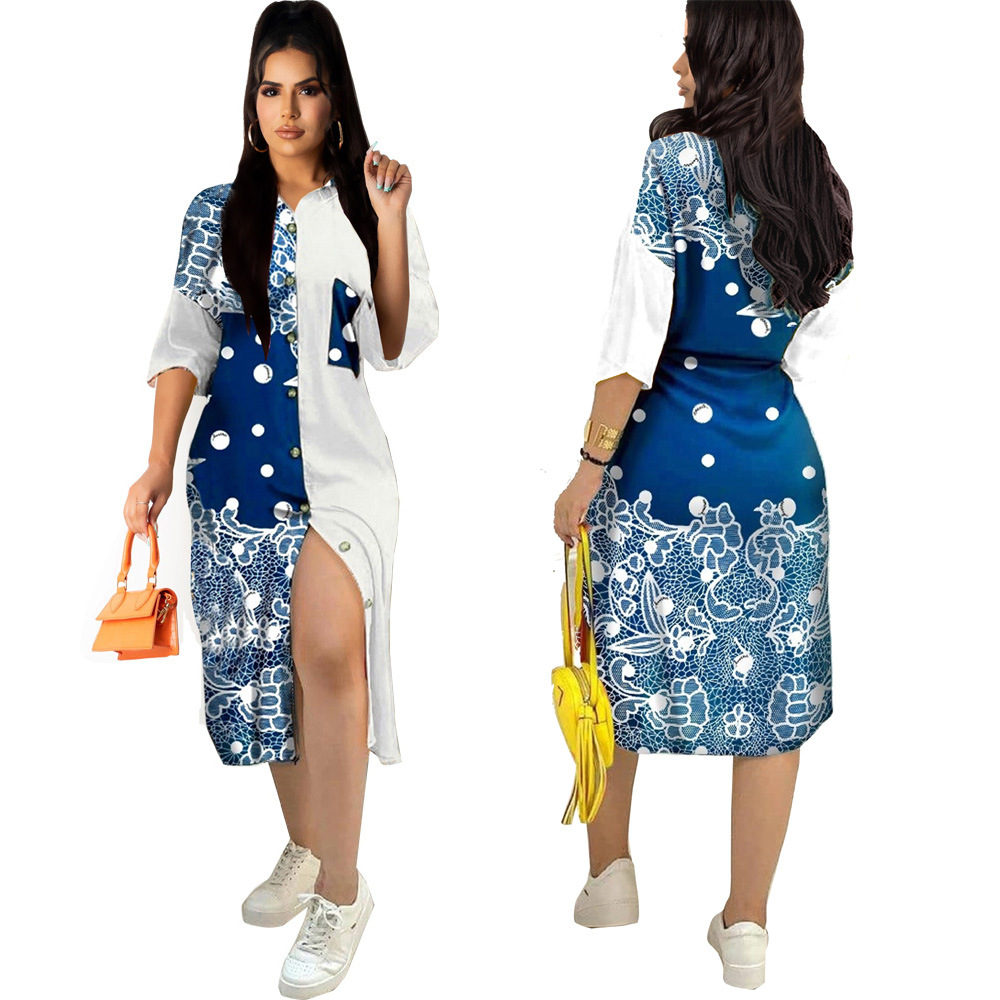 Wholesale Stitching Print With Floral Shirt Cardigan Sunscreen Long Short-Sleeved Dress