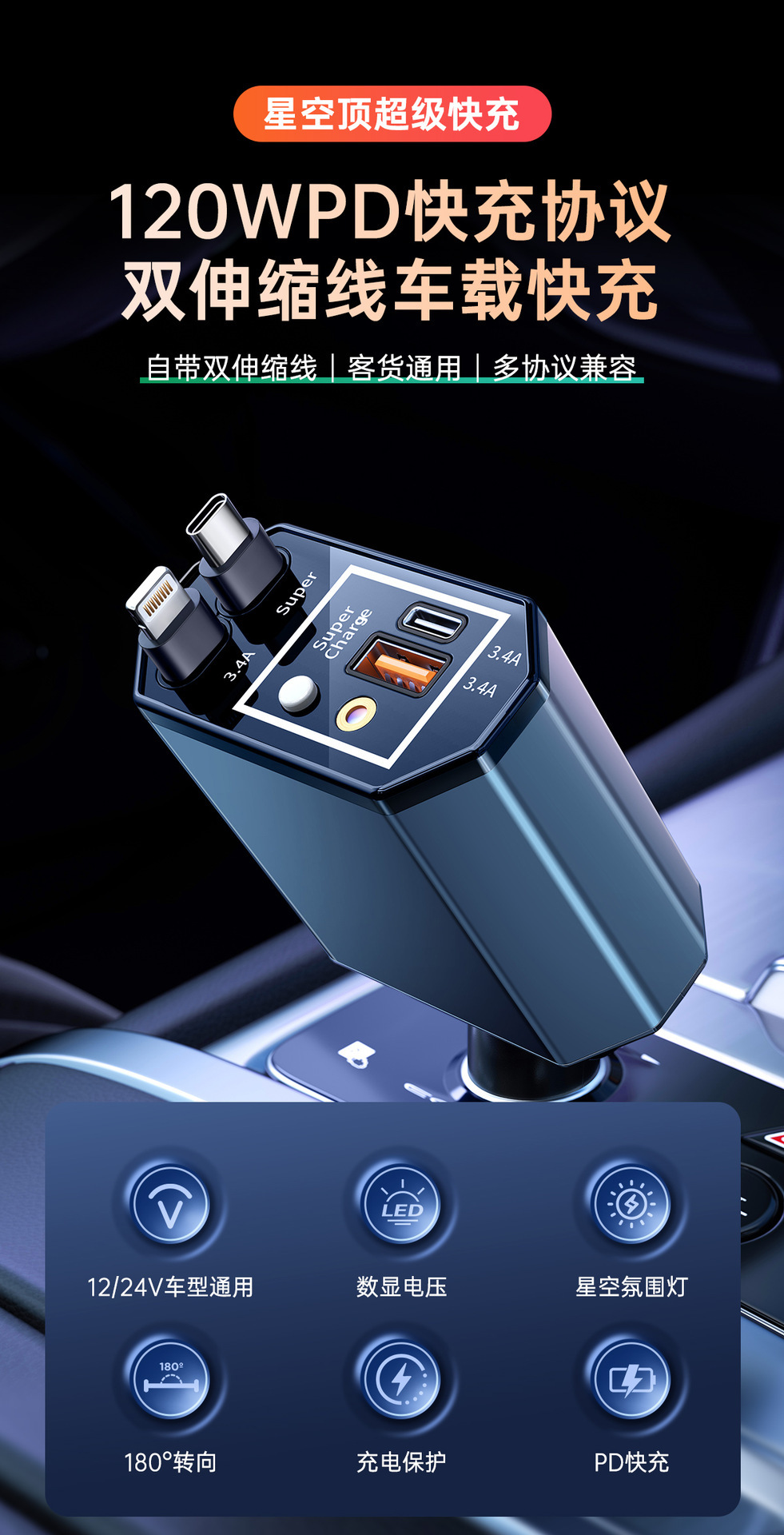 Car Charger with Retractable Cable, Customized Car Charger for Mobile Phones, Super Fast Charging, Oem Processing by Manufacturer