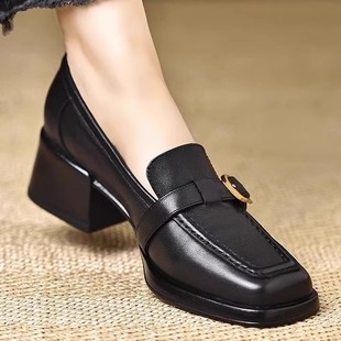 Soft Goatskin French Black Thick Heel Loafers 2025 Spring New British Style Retro Genuine Leather Soft Sole Shoes for Women