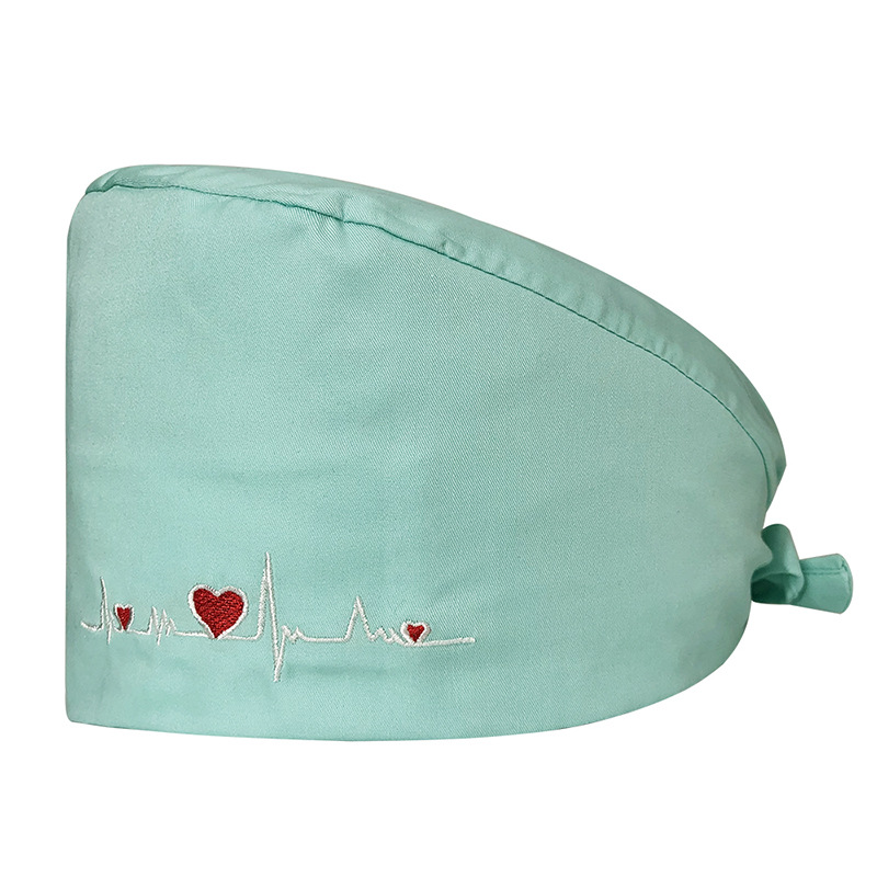 Gorro de Médico de Color Sólido en Poliéster y Algodón, Gorro Médico con Bordado de ECG, Gorro de Trabajo para Cola de Caballo Corta, Gorro Floral en Stock