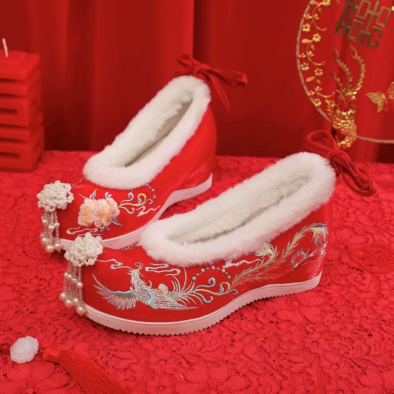 Обувь xiuhe, свадебные туфли на высоком каблуке, зимняя теплая китайская обувь с вышивкой невесты на флисовой подкладке, женская обувь с крючком