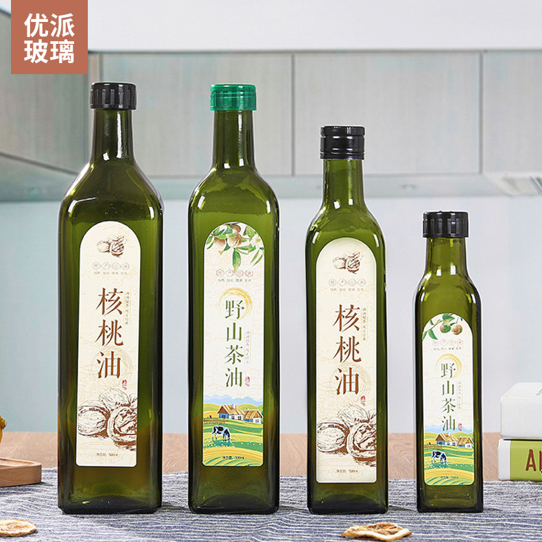 250ml500ml750ml方形山茶油瓶橄榄油瓶透明墨绿麻油香油玻璃空瓶