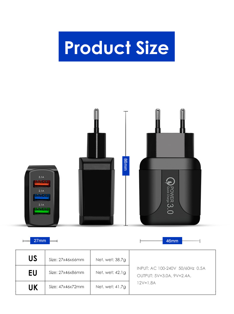 Cargador de teléfono móvil 2,4 A, carga rápida, carga directa, adaptador de corriente de múltiples puertos USB_voghion.com