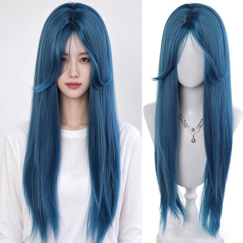 Cross-Border Peacock Blue Long Straight Wig Lolita Blue Elf Wig for Women Full Head Long Straight Hair Realistic Wig Cross-Border Peacock Blue Long Straight Wig Lolita Blue Elf Wig for Women Full Head Long Straight Hair Realistic Wig