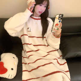 日系简约保暖甜美风条纹半边绒睡衣女秋冬季新款可外穿家居服睡裙
