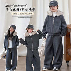 女童加绒卫衣套装冬装大儿童一体绒连帽外套女孩冬季运动裤两件套