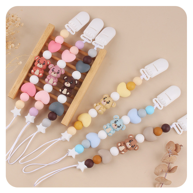 Nuevo oso de dibujos animados amor cadena de tetas de silicona bebé mordida cadena de dientes molares cadena de dientes anti-caída cadena pacificadora tetas de goma de diente