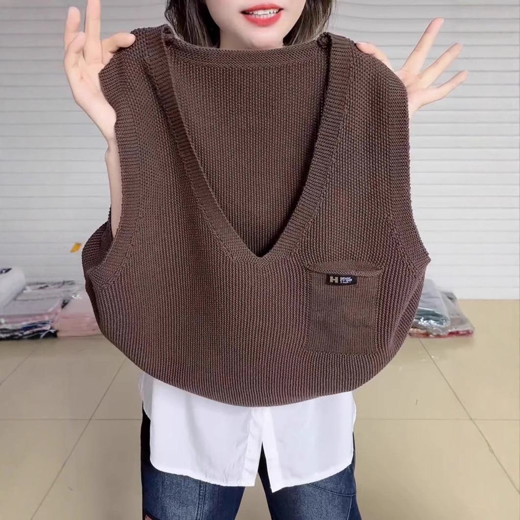 Lazy Style Loose V-neck Sleeveless All-match Knitted Outer Vest Fashionable Solid Color Casual Stylish Vest
