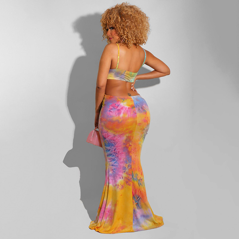 Printed Hollow Sling Skirt Sleeveless Halter Slim and Thin Hip Long Dress NSJYF64581