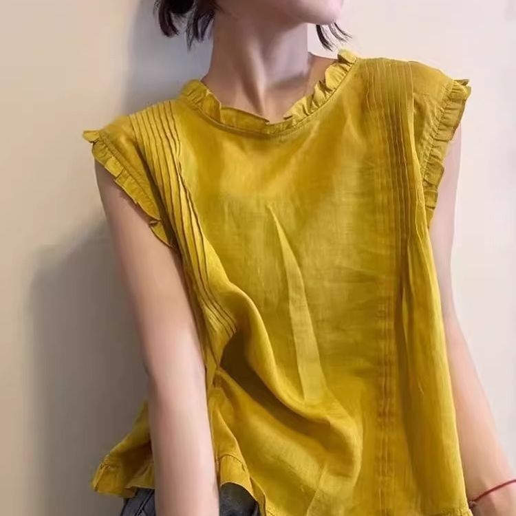 Sleeveless Cotton and Linen Shirt for Women, European Style, 2026 Summer New Fashion Design, Patchwork Ruffle Short Tank Top