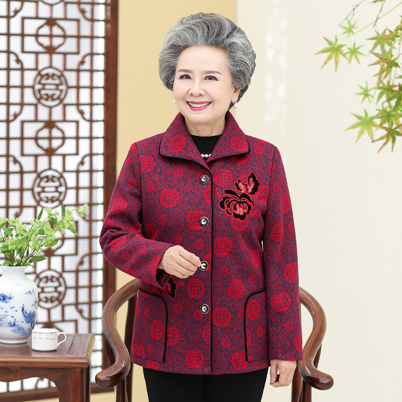 中高年の春秋女性のお母さんの刺繍のコートの60-70歳のおばあさんの冬の服は綿毛のコートのおばあさんの服をプラスします。|undefined