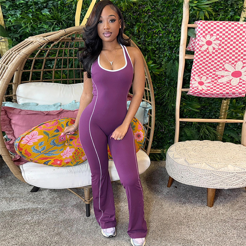 Women's Backless Slim-Fit Yoga Jumpsuit - High Waist Tummy Control Workout Bodysuit With Contrast Color Design For Summer_voghion.com