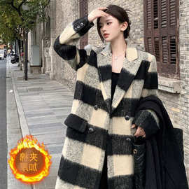 复古气质优雅韩系设计感毛呢外套夹棉格子中长款呢大衣女秋冬新款