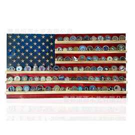 木制纪念币展示架桌面摆台式勋章奖牌架带国旗多层木制硬币收藏架