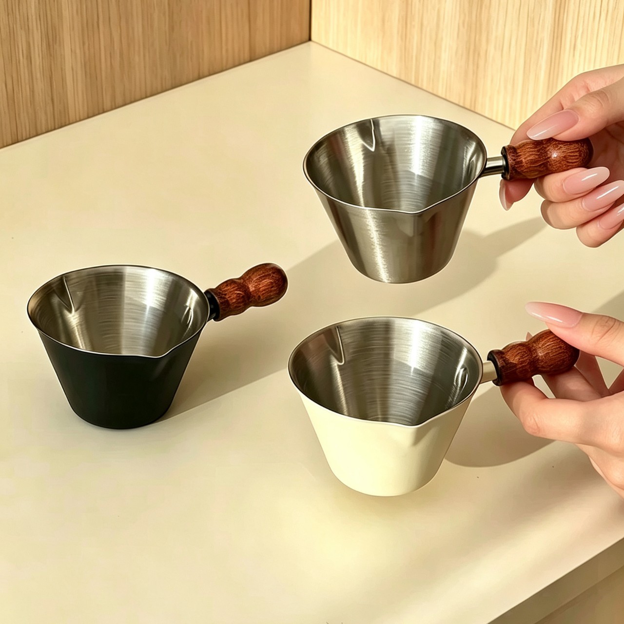 Gourd-shaped handle, 304 stainless steel coffee extraction cup, double-spouted, with markings, Italian espresso measuring cup, coffee machine drip tray