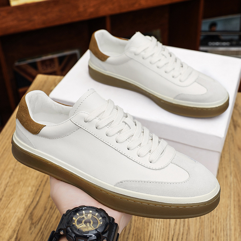 German Training Shoes, Retro Cowhide Leather with Pebbled Leather Accents, Casual Shoes, Genuine Leather White Sneakers, Men's Sneakers, All-Season Shoes