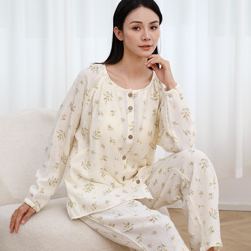 A variety of pure cotton crepe monthly clothing spring and summer postpartum nursing plus size pregnant women breast pad pajamas spring and autumn sweat-absorbing suit