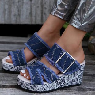 European and American Foreign Trade plus size One-word High-heeled Slippers with Buckle Women's Wedge Slippers with Thick Bottom Cloth Beach Sandals and Slippers Independent Station