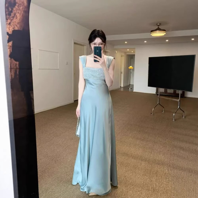 High-End Sapphire Satin Light Luxury Dress 2026 New Model Heavy Beading Evening Gown Strapless Long Dress High-End Sapphire Satin Light Luxury Dress 2026 New Model Heavy Beading Evening Gown Strapless Long Dress