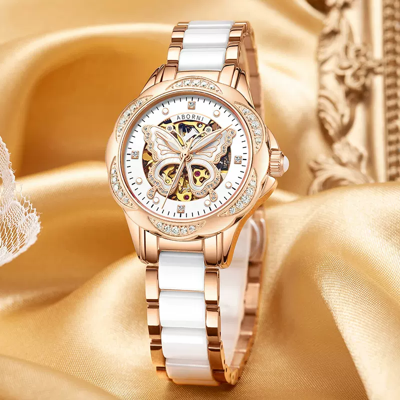 ABORNI亚铂尼梦幻蝴蝶镂空镶钻系列自动机械机芯陶瓷女手表一件代