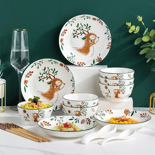 Internet celebrity ceramic bowl Japanese tableware underglaze color bowl and dish set household bowl and dish bowl and chopsticks set gift