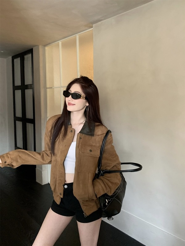 美式复古麂皮绒外套女装秋季2025新款美拉德棕色拉链开衫夹克上衣|undefined