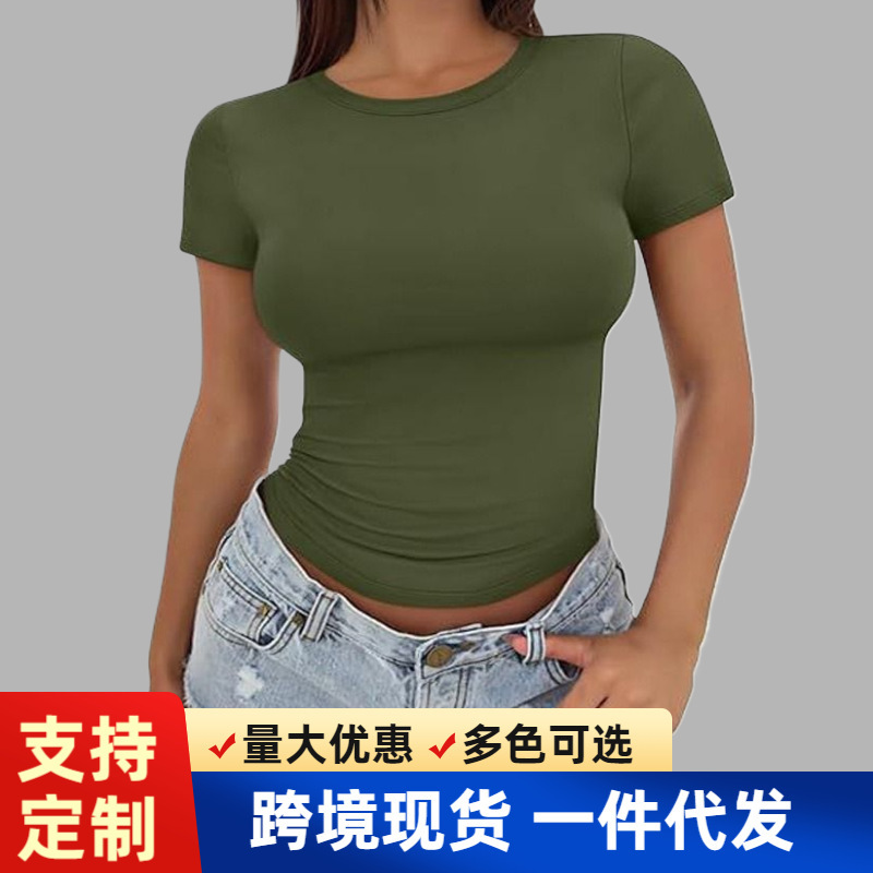 Amazon 2025 Cross-Border European and American Style Navel-Baring Short-Sleeved Women's T-Shirt Summer Tight-Fitting Fashionable Slimming Look Tops for Women
