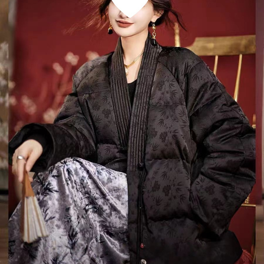 New Chinese Style Retro Black Jacquard down Jacket Cotton Coat for Women Winter New V-Neck Cotton Jacket Wholesale