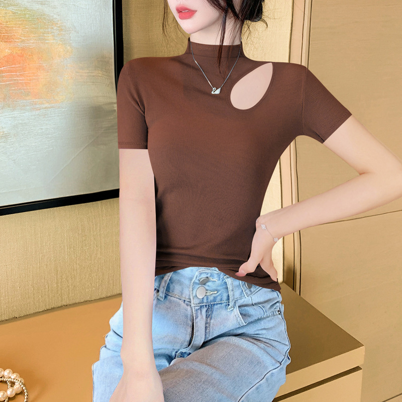 Threaded half-high neck 반팔 티셔츠 여성용 여름 새 슬림 반팔 티셔츠 틈새 디자인 센스 할로우 아웃 탑 트렌디