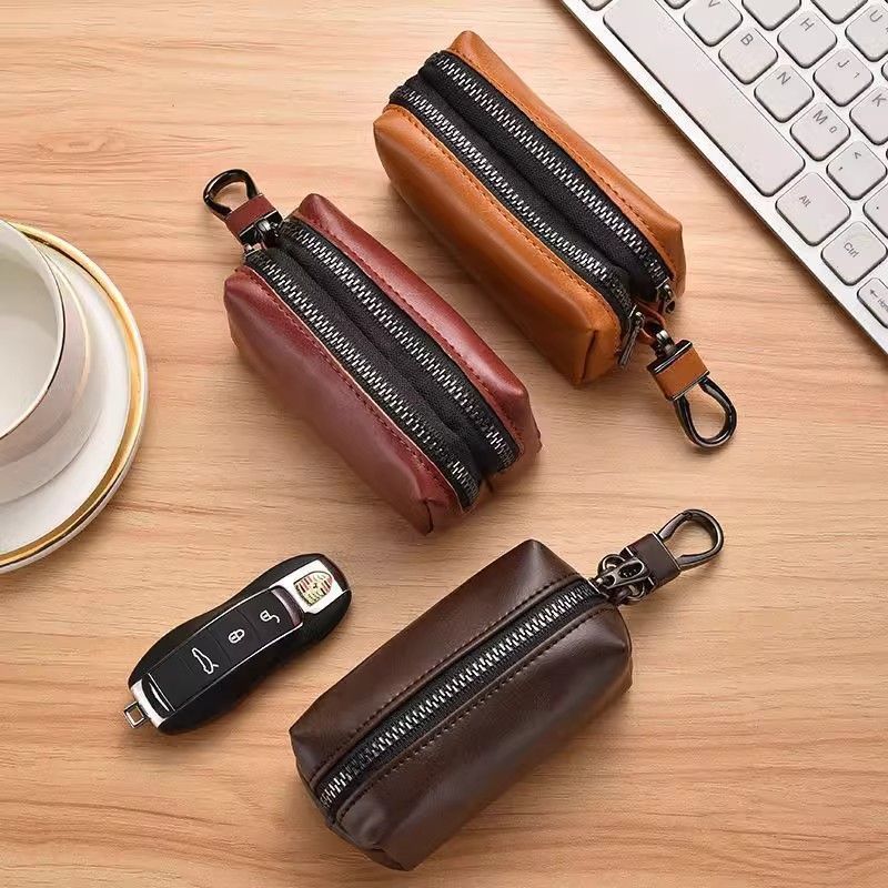 Multifunctional Leather Key Bag with Zipper, Large Capacity for Car Keys, Waist-Hanging Storage, Universal New Model, Double Layer