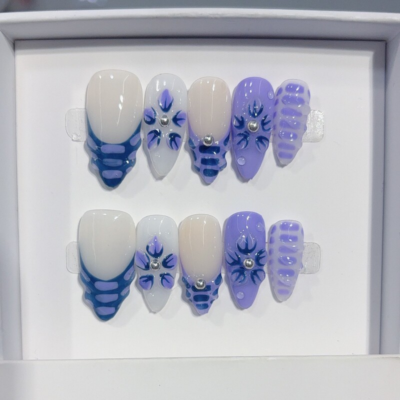Best-selling 10PCS Handmade Purple French Almond Manicure Supplies 3D Flower Fresh Style Removable False Nails