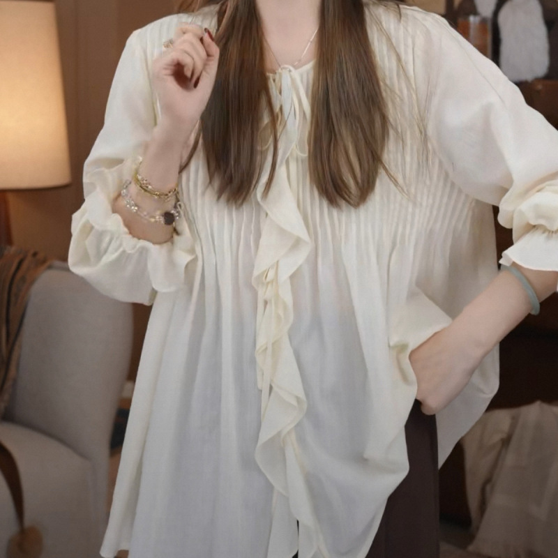 棉系带荷叶边长袖衬衫设计感花瓣袖早秋气质小众法式上衣女|undefined