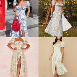 2026春季新款 跨境欧美外贸女装 法式复古泡泡袖收腰碎花连衣裙