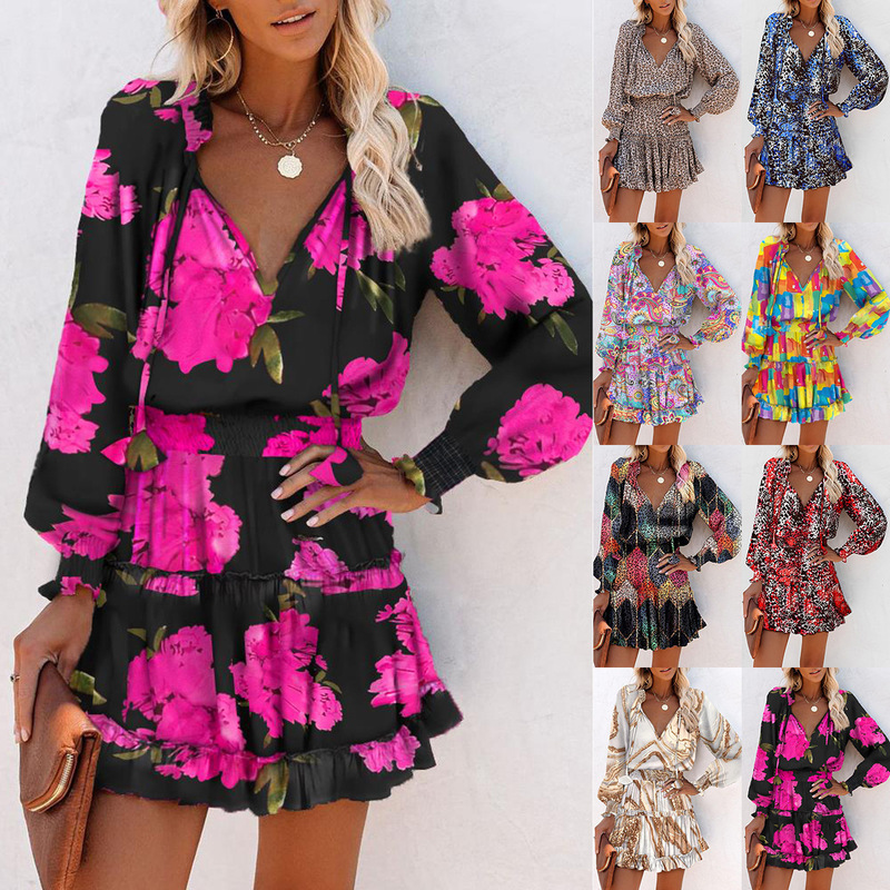 European and American women's cross-border Amazon foreign trade fashion trend women's V-neck waist long sleeve printed dress European and American women's cross-border Amazon foreign trade fashion trend women's V-neck waist long sleeve printed dress