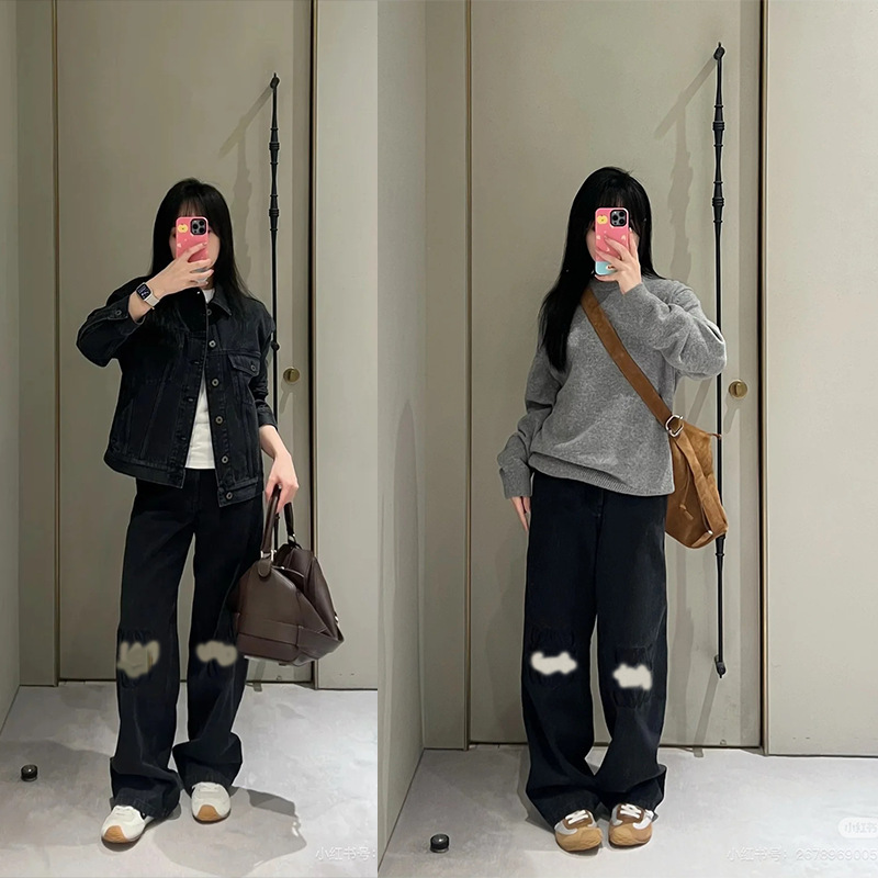 L.Y.W高腰直筒牛仔裤女黑色个性刺绣长裤欧美风长裤女2025秋冬款|undefined
