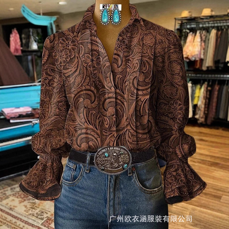 20253D Lapel Fashion Casual Spring and Autumn Formal Shirt Long Sleeve Women's Retro Contrast Color Western Design Shirt