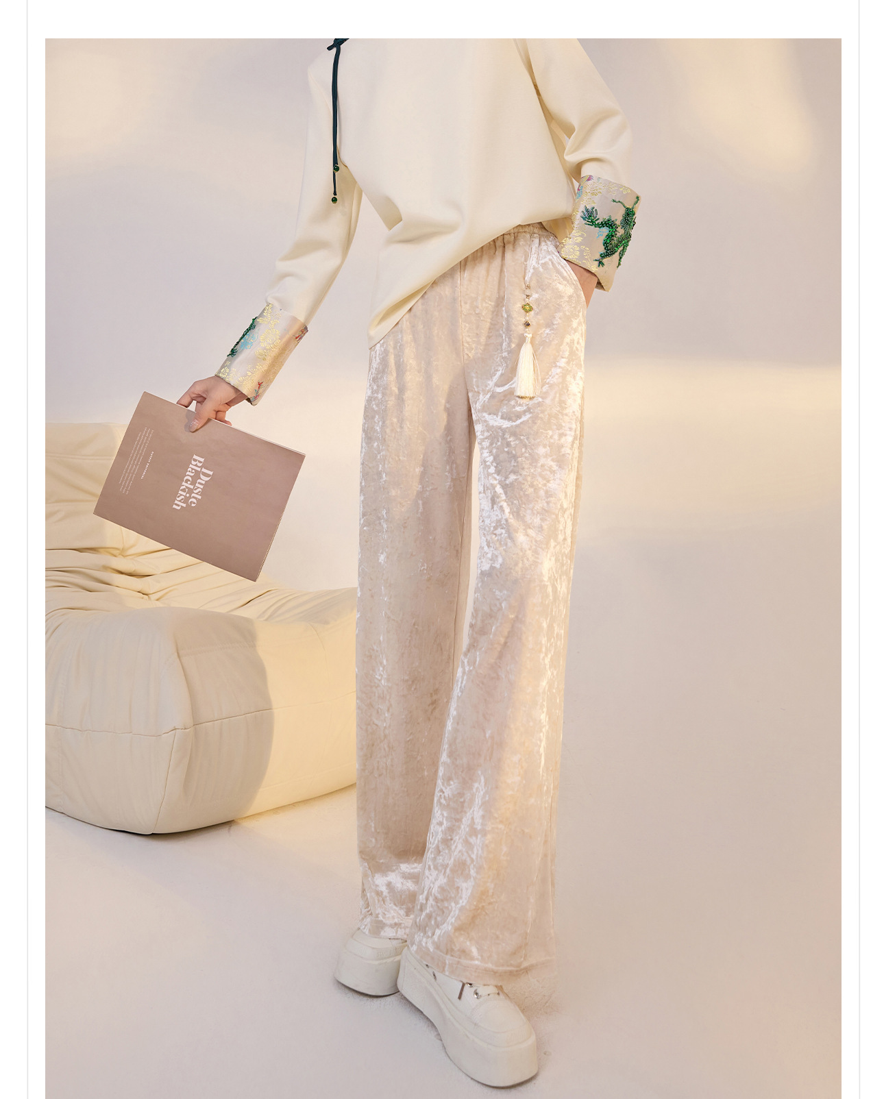 Quần ống rộng nhung lụa kiểu Trung Quốc mới, jacquard màu trơn, phong cách văn nghệ — Màu đen, Màu vàng, Màu hồng, Màu mơ chi tiết 2