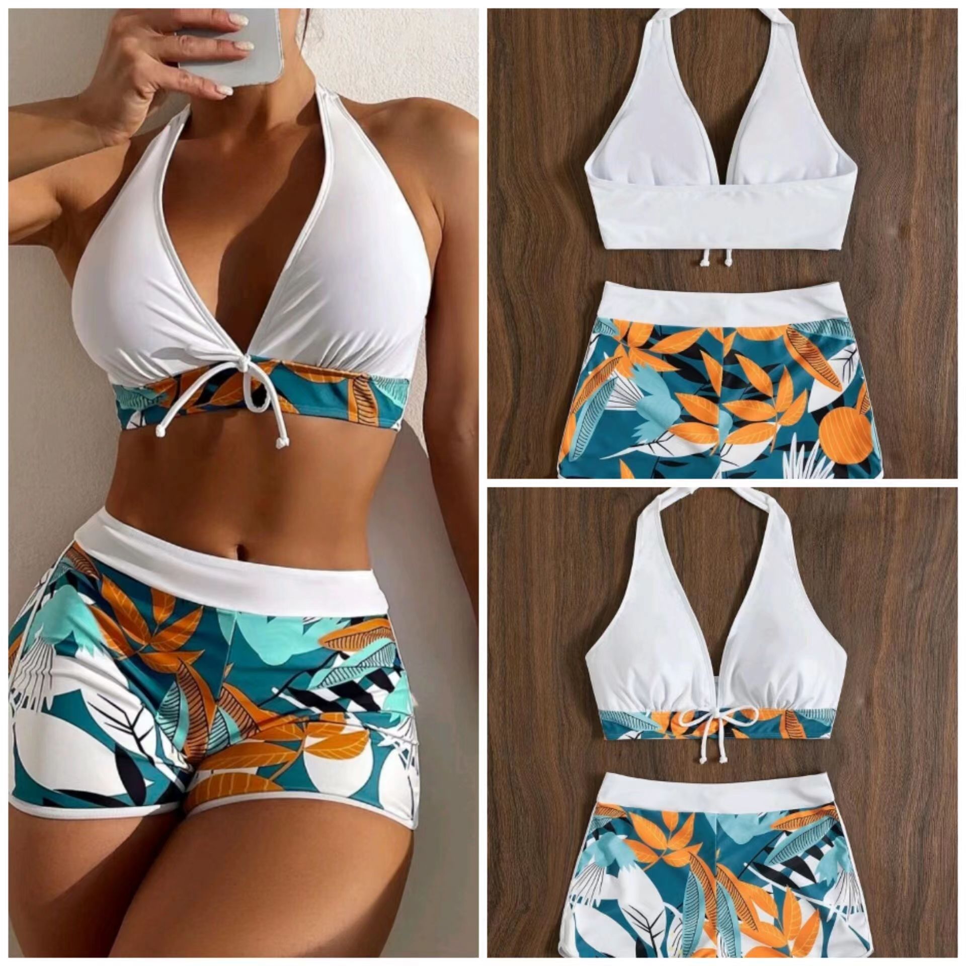 2024 European and American Foreign Trade Swimsuit Women's Split High Waist Stitching Strap Flat Angle College Sports Style Surfing Bikini