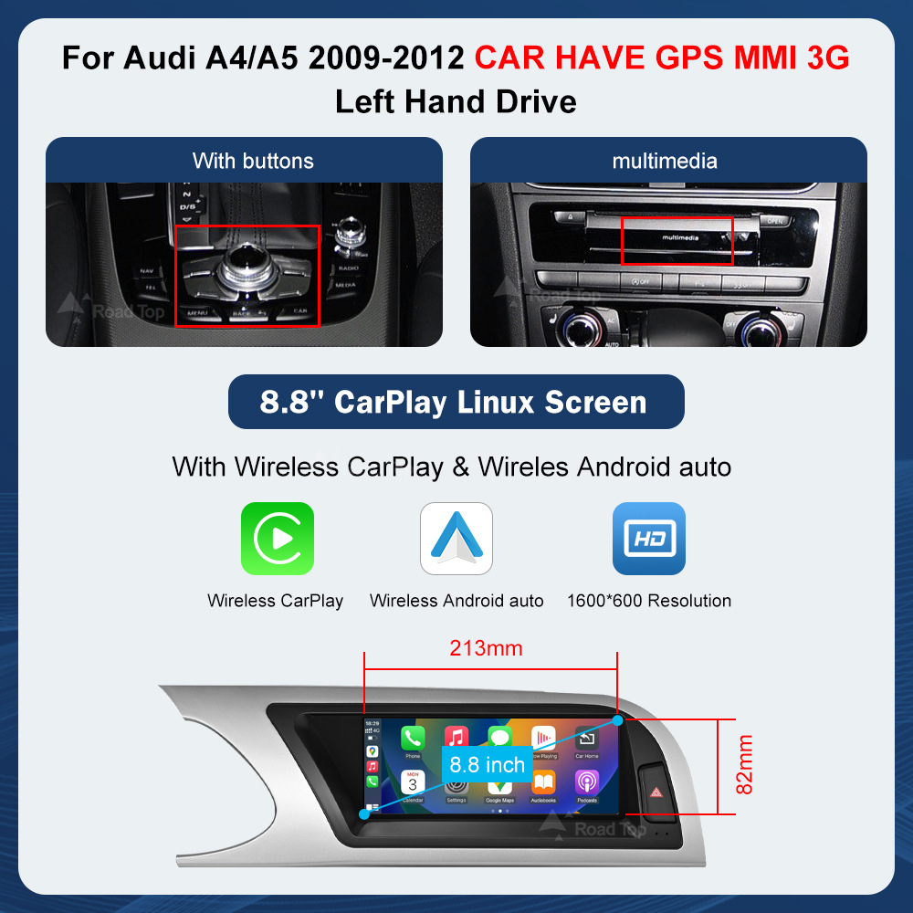 8.9 inch wireless CarPlay display for A4 A5 2009-2012 radio player