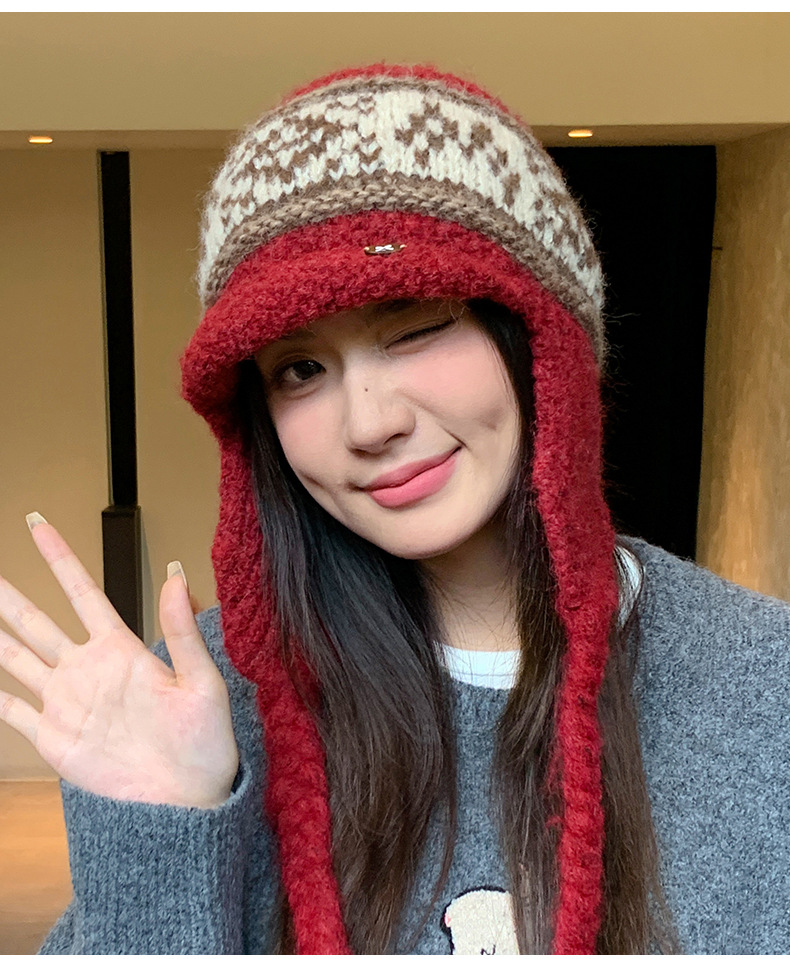 Fair Isle Style Retro Knitted Wool Autumn Winter Fleece Lined Thickened Warm Ear Protection Versatile Large Head_voghion.com