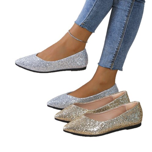 European and American spring/summer new women's shoes: sequined, shimmering silk low-cut women's pumps, pointed-toe, flat-soled, low-heeled casual shoes.