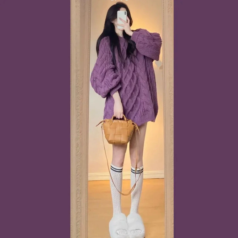 Крючковый Oversize свитер корейского стиля для подростков, демисезон, цветной, one size (фиолетовый)