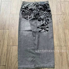 欧美跨境y2k哥特风牛仔裤原宿骷髅印花阔腿裤暗黑系潮流宽松长裤