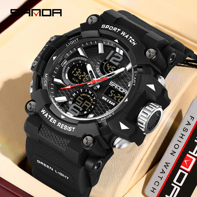 SANDA nuevo reloj de pulsera juvenil transparente al aire libre cool doble reloj de pantalla hombre impermeable luz nocturna reloj electrónico