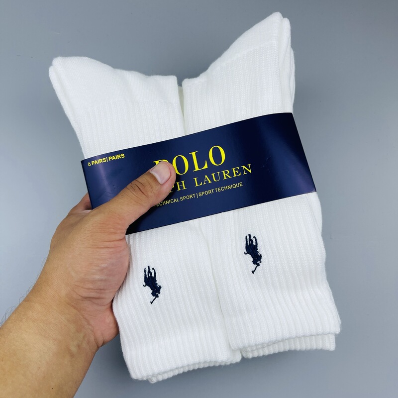Foreign Trade Export 6-Pair Pack of Ralph Polo Pony Sports Socks with Embroidery, Towel Bottom, Classic Style, Mid-Length, Sweat-Absorbent