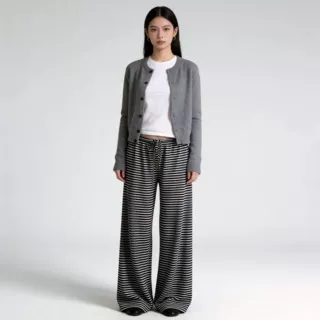 Q693PT欧美辣妹时尚休闲女裤条纹舒适基础百搭针织休闲裤收腰长裤
