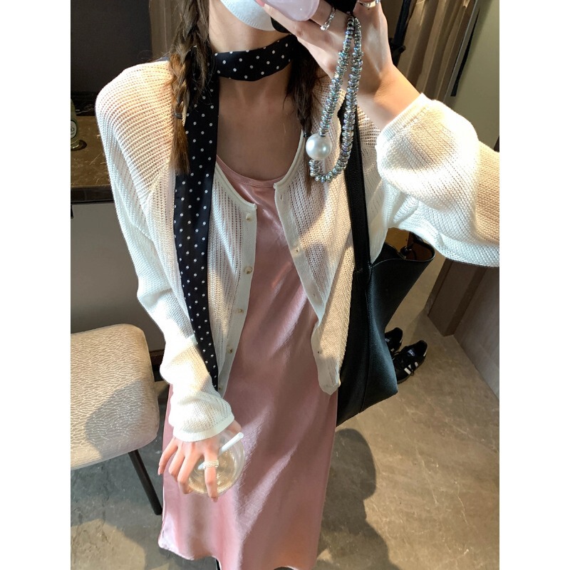 Mo and Relaxed Lazy Style Tencel Linen Blended Paper Man Cut Out Sun Protection Knitted Cardigan Mq0439