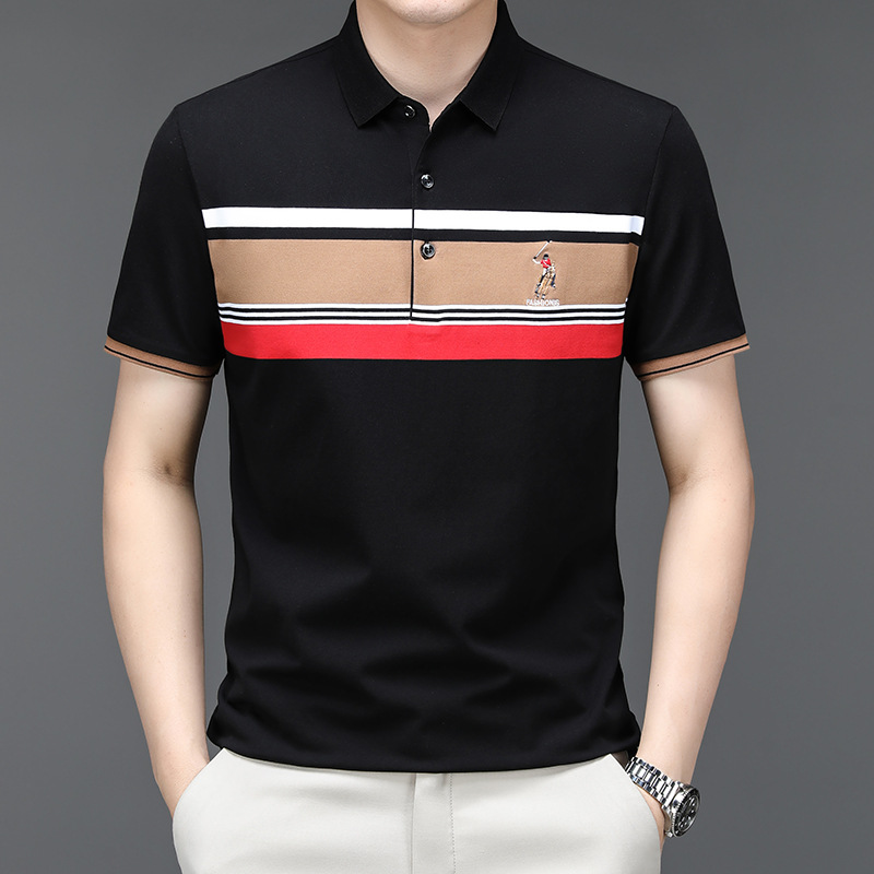 Exclusivo transfronterizo para verano nuevo estilo de algodón bordado de manga corta camiseta de hombre a rayas casual solapa de gran tamaño camisa POLO para hombre