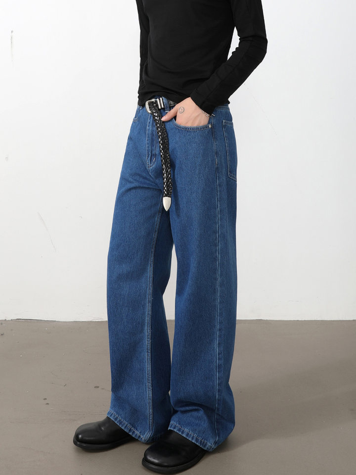 Quần jean nam ống rộng dáng suông thoải mái kiểu Mỹ, vải denim xử lý giặt mài, lưng trung, dài quần — Xanh da trờicolor, Xám đen, màu xám nhạt