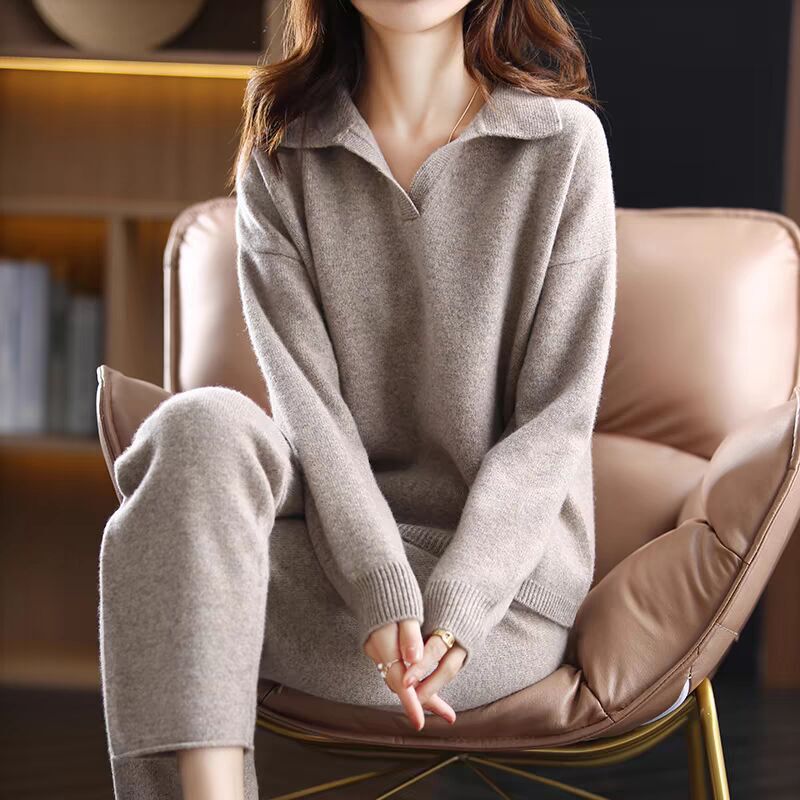 2026 Korean Style Fashionable Loose Lapel Knitted Suit Casual Simple Sweater Wide-Leg Pants Loose Two-Piece Set for Women 2026 Korean Style Fashionable Loose Lapel Knitted Suit Casual Simple Sweater Wide-Leg Pants Loose Two-Piece Set for Women